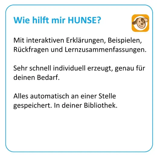 HUNSE Helps! Methode: interaktive Erklärungen, Rückfragen, Lernzusammenfassungen